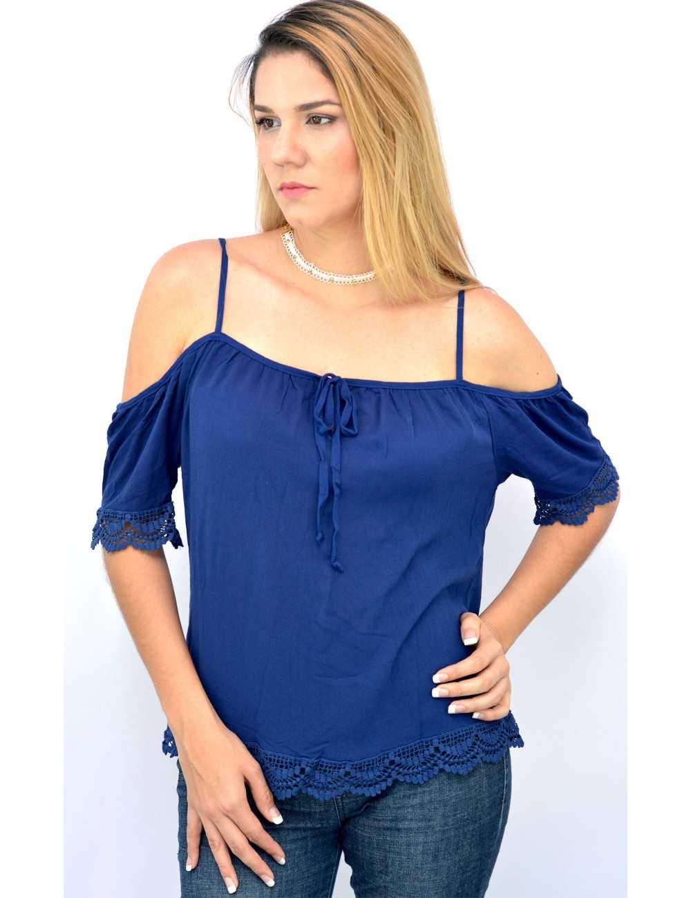 Blusa azul 2025 hombros descubiertos